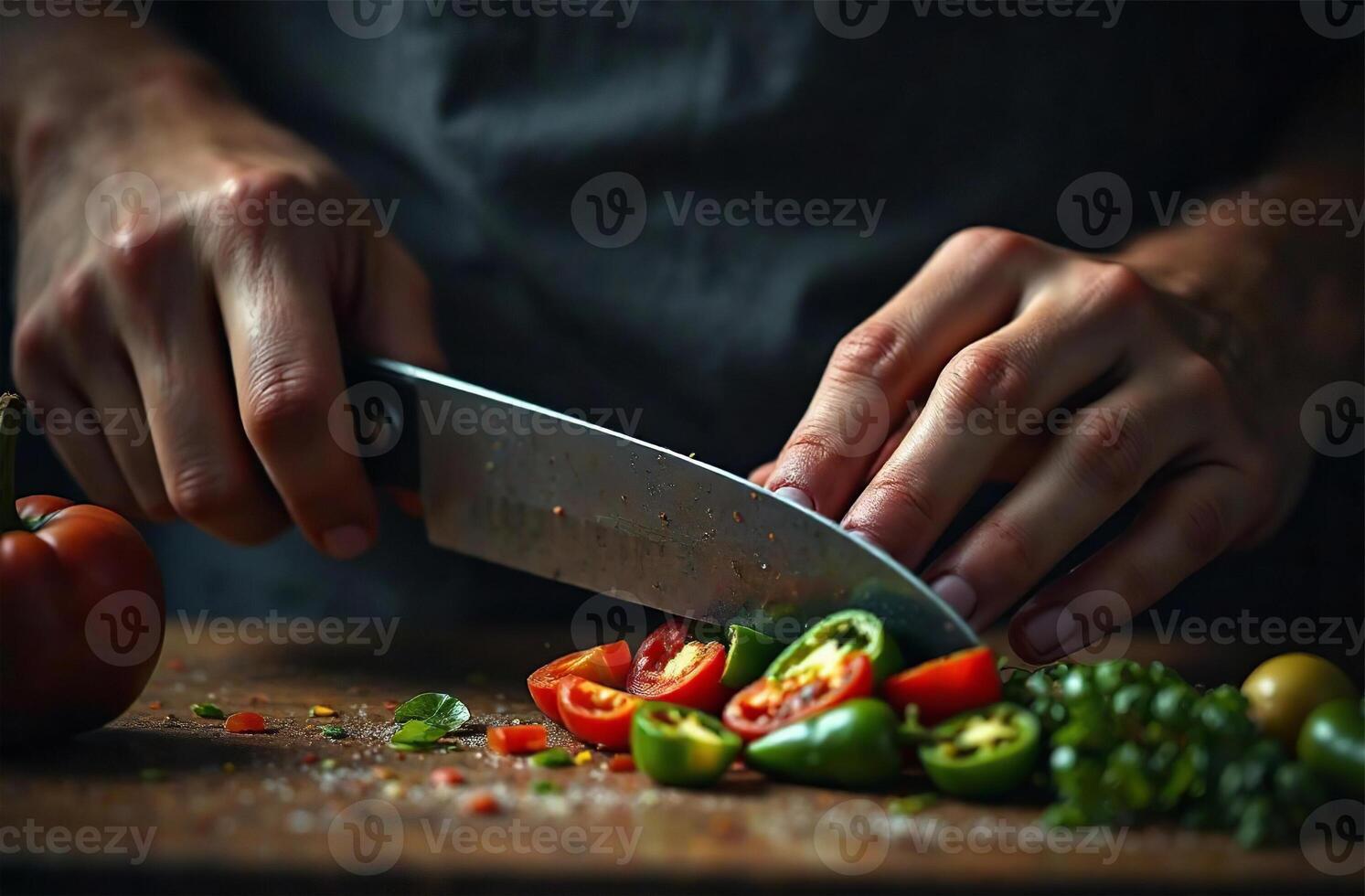 Cook cutting delicious pepper vegetable in kitchen, cooking food restaurant photo
