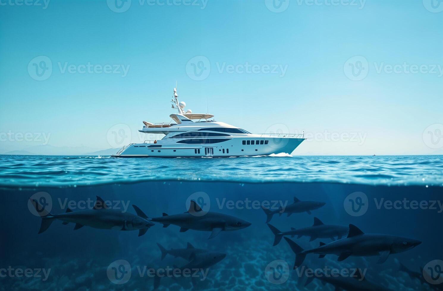 Ship yacht on surface of ocean Beautiful water, sea shark swim underwater photo