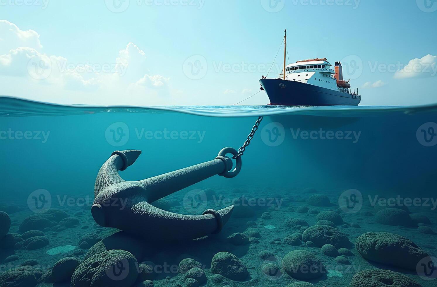 Ship yacht on surface of ocean water, sea anchor lies underwater photo