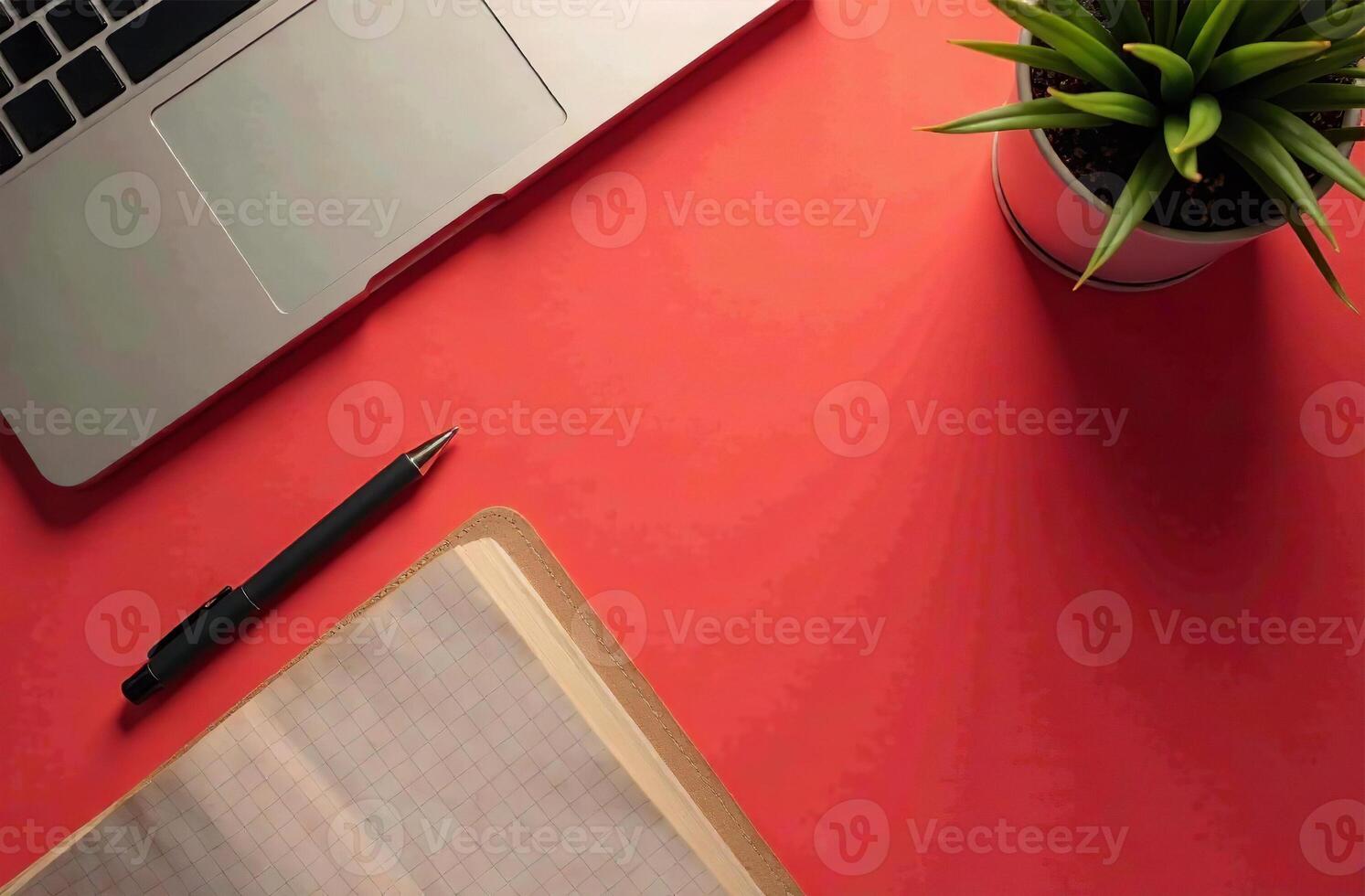 Flat Lay layout Office Desktop red background, Minimalist Stationery. photo