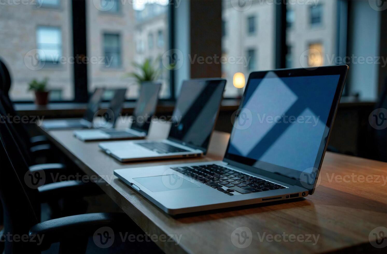 Laptop cabinet Desk Office remote work on notebook, open space center photo