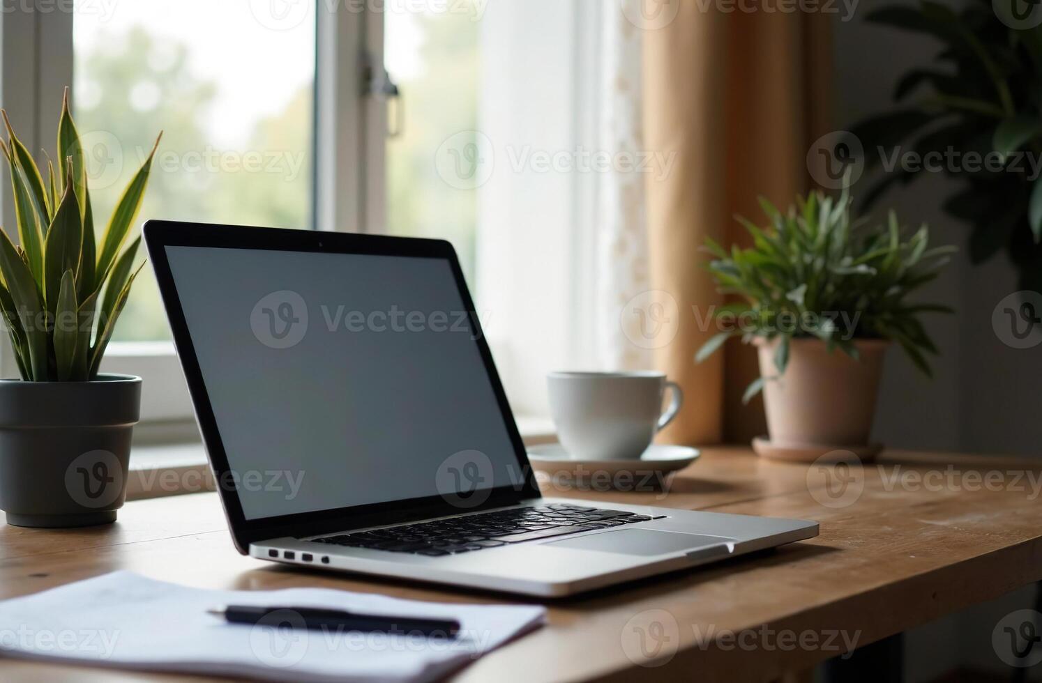 Laptop Desk Office cabinet, remote work on notebook, open space center photo