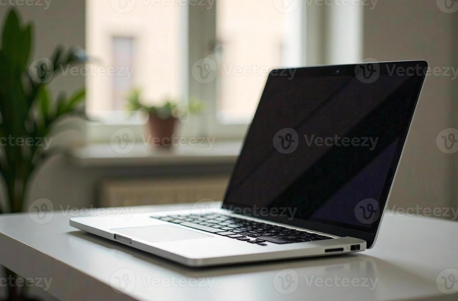 Laptop Desk Office, remote work on notebook, open space center photo