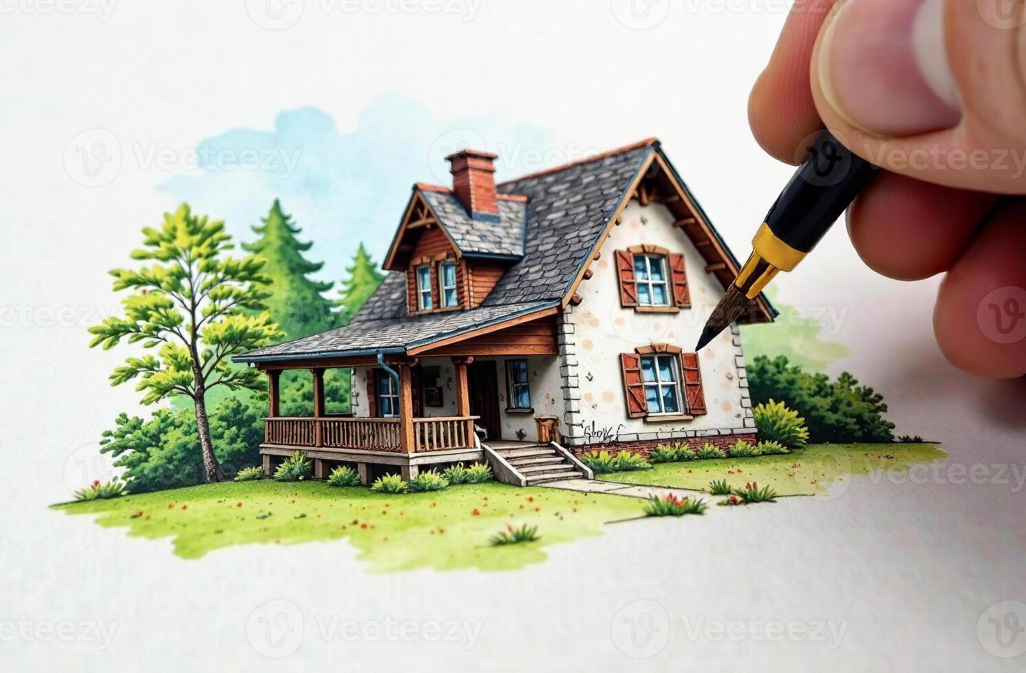 Hand hold brush and draw house, art tool for hobby of drawing photo