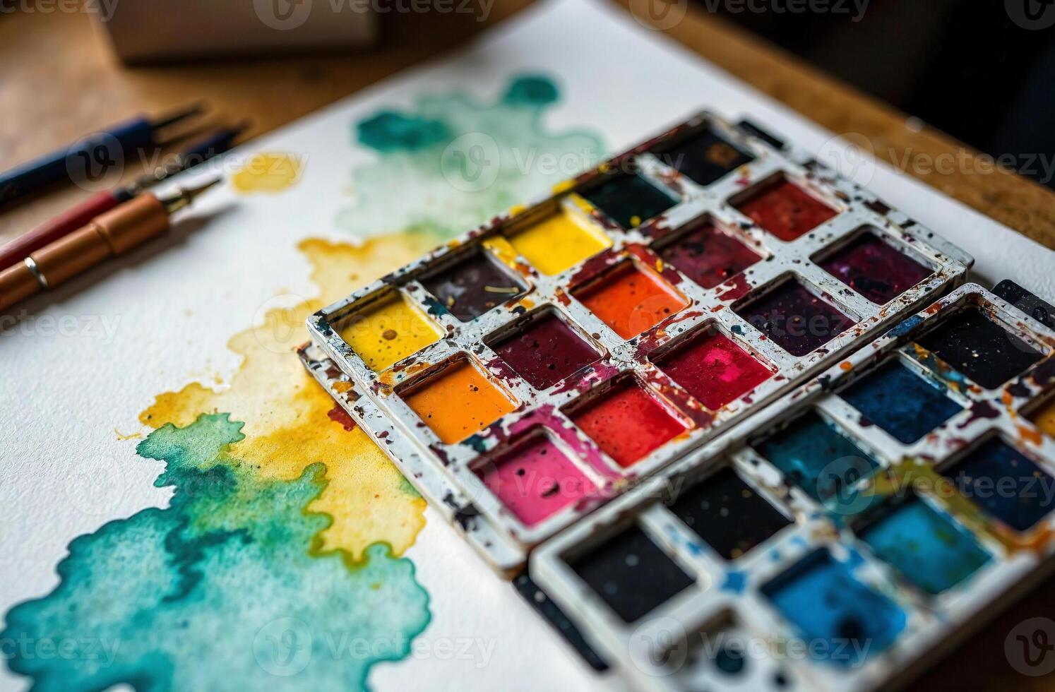 Watercolor paint on artist desktop, art tool for cabinet hobby of drawing photo
