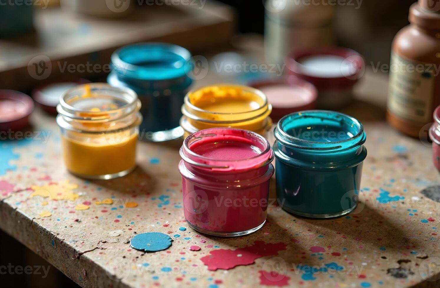 Gouache paint on artist parlour desktop, art tool for hobby of drawing photo