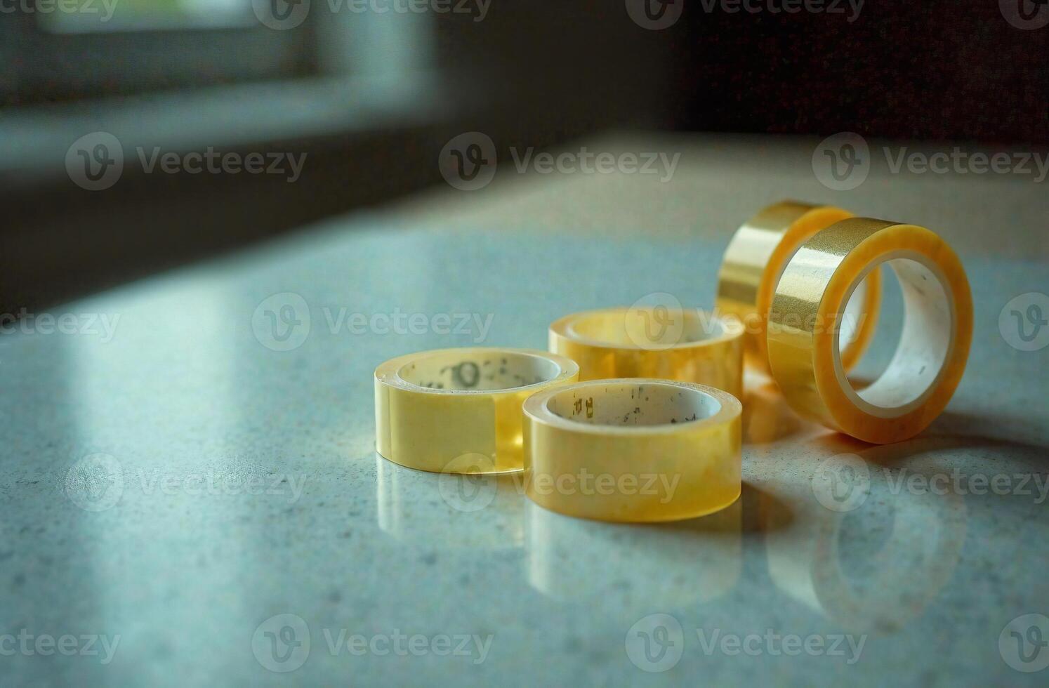 Adhesive transparent tape for packaging cabinet, workplace desk in office photo