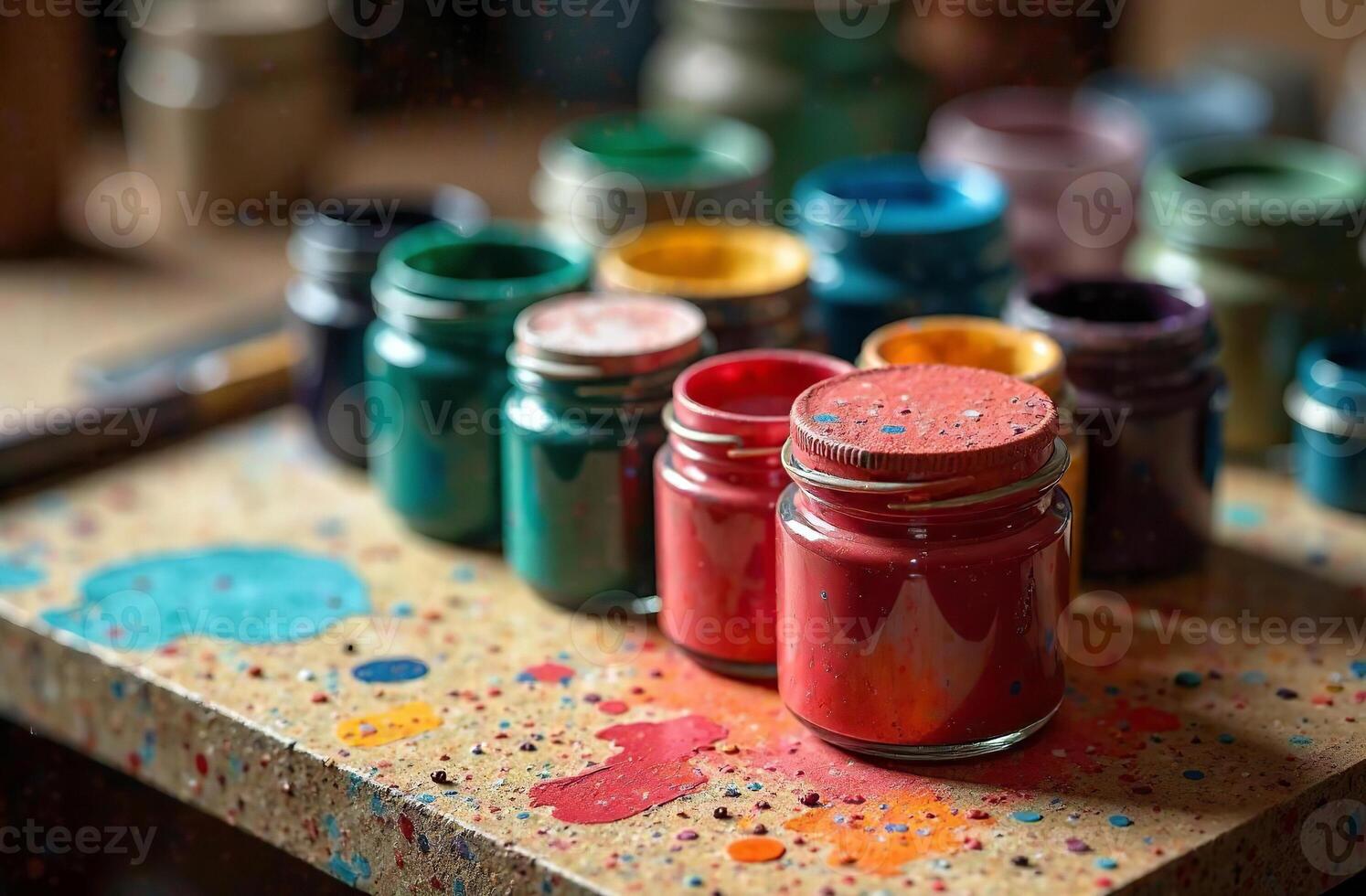 Gouache paint on artist desktop, art tool for hobby of drawing photo