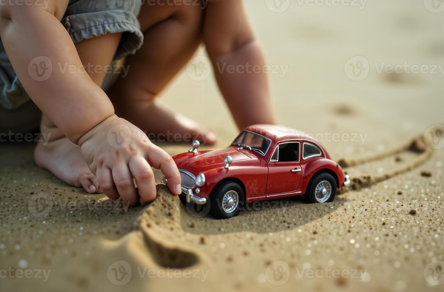 Little boy playing in sand on beach by sea, childhood toddler photo