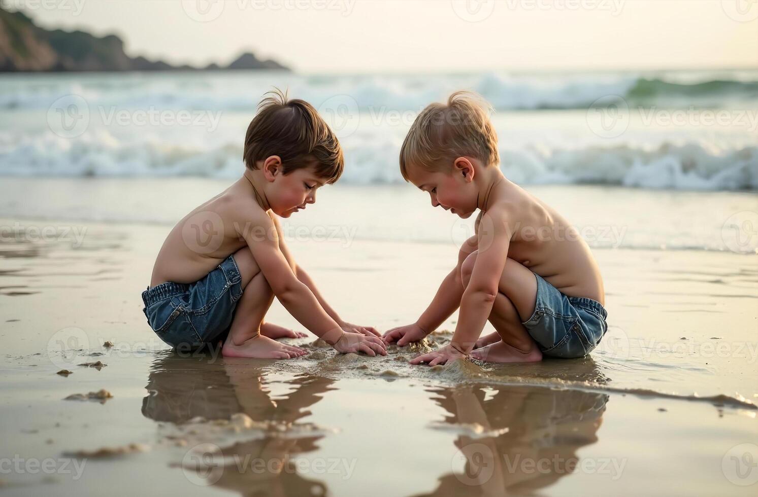 Little boys gaming playing in sand on beach by sea, childhood toddler photo