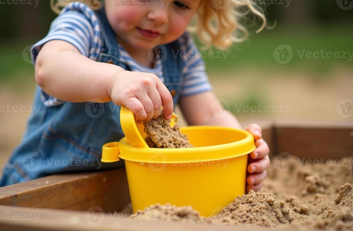 Little girl playing in gaming sand on sandbox, childhood toddler photo