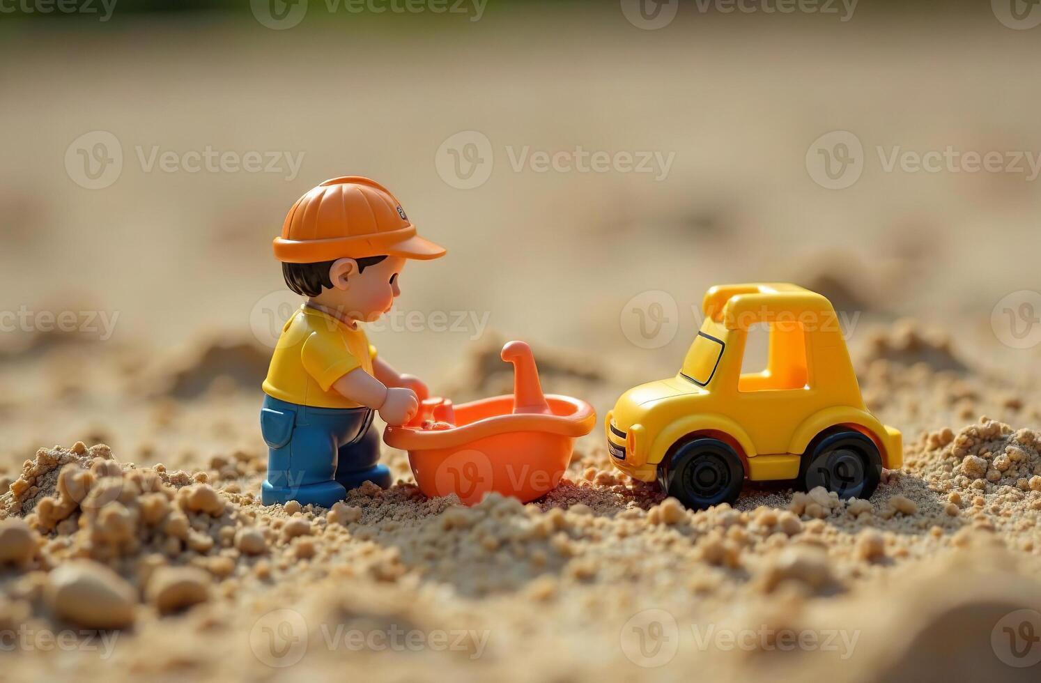 Toy children gaming tractor truck with sand stand in the sandbox photo