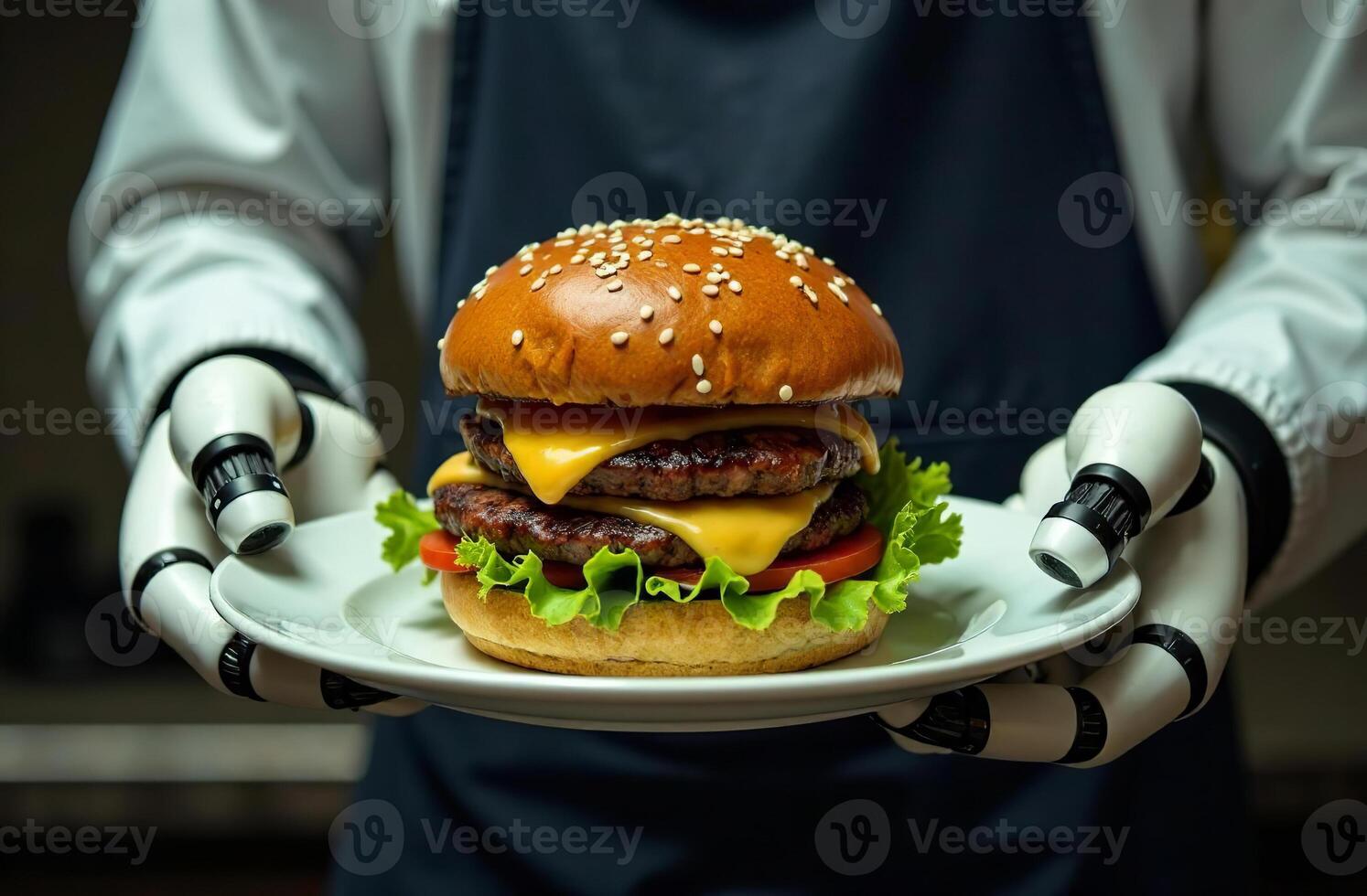 Robot waiter brainy artificial intelligence hold plate of burger in hand photo