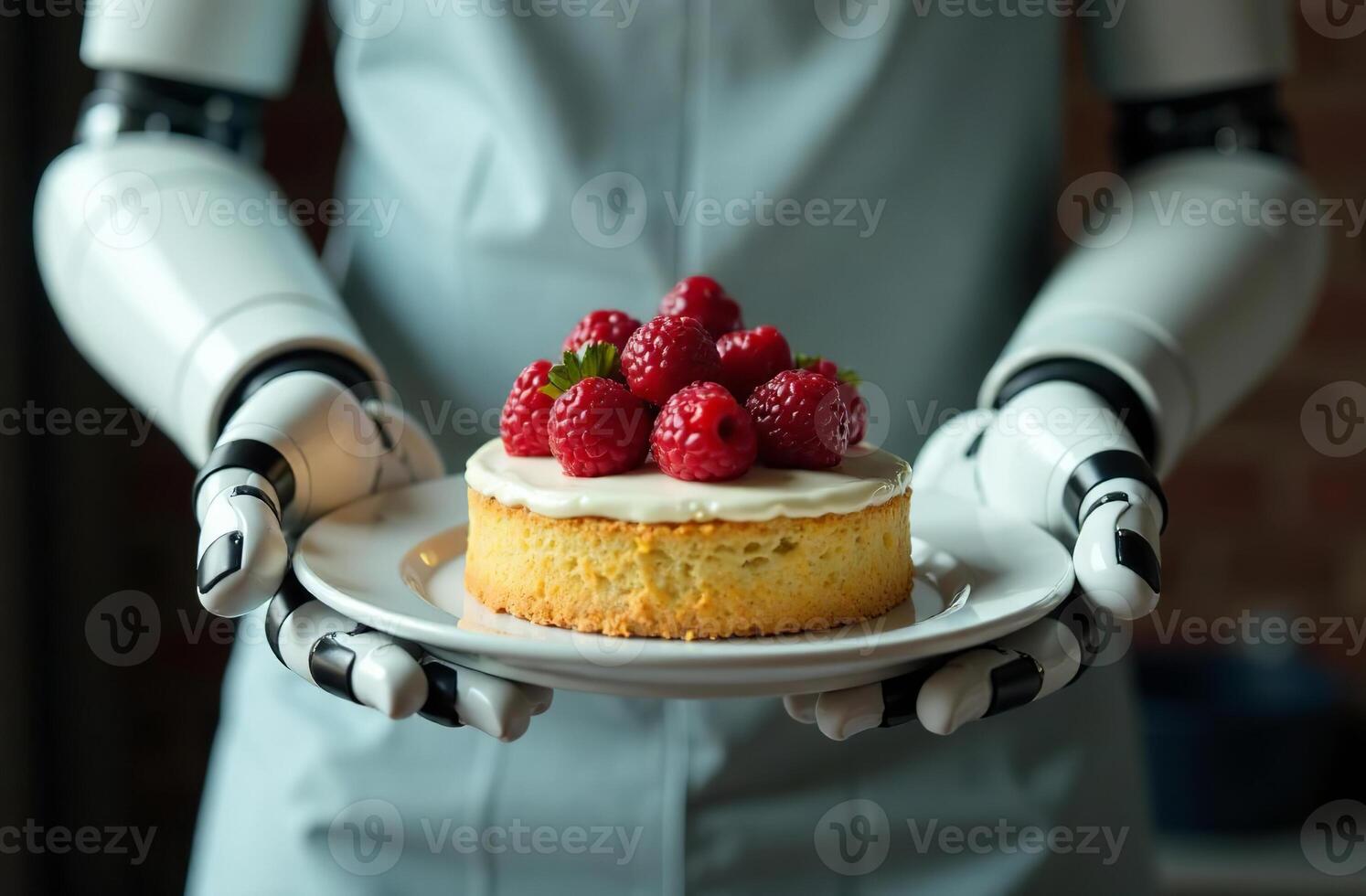 Robot waiter artificial brainy intelligence hold plate of cake in hand photo