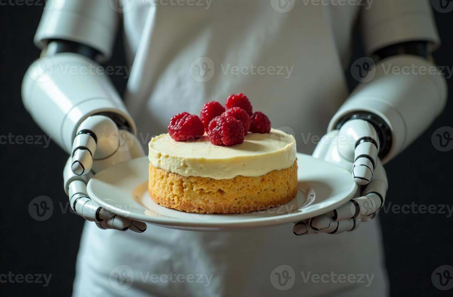 Robot waiter brainy artificial intelligence hold plate of cake in hand photo