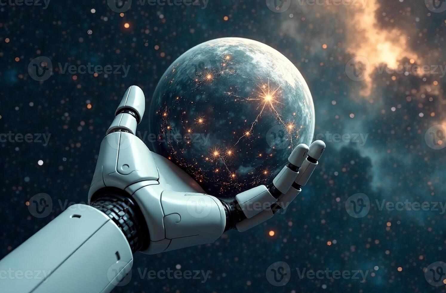 Robot astronaut space, artificial brainy intelligence hold planet hands photo