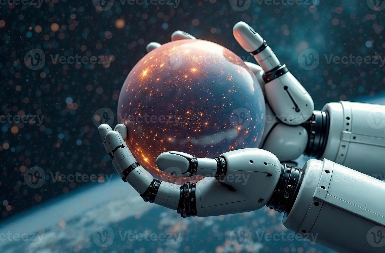 Robot astronaut space, brainy artificial intelligence hold planet hands photo