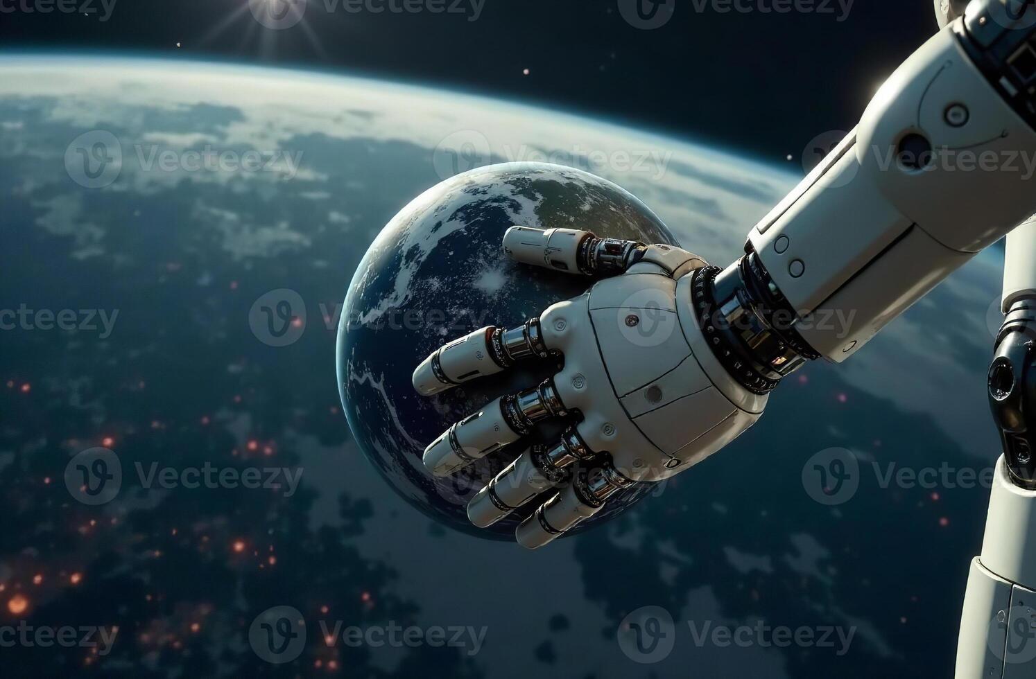 Robot astronaut space, artificial intelligence brainy hold planet hands photo