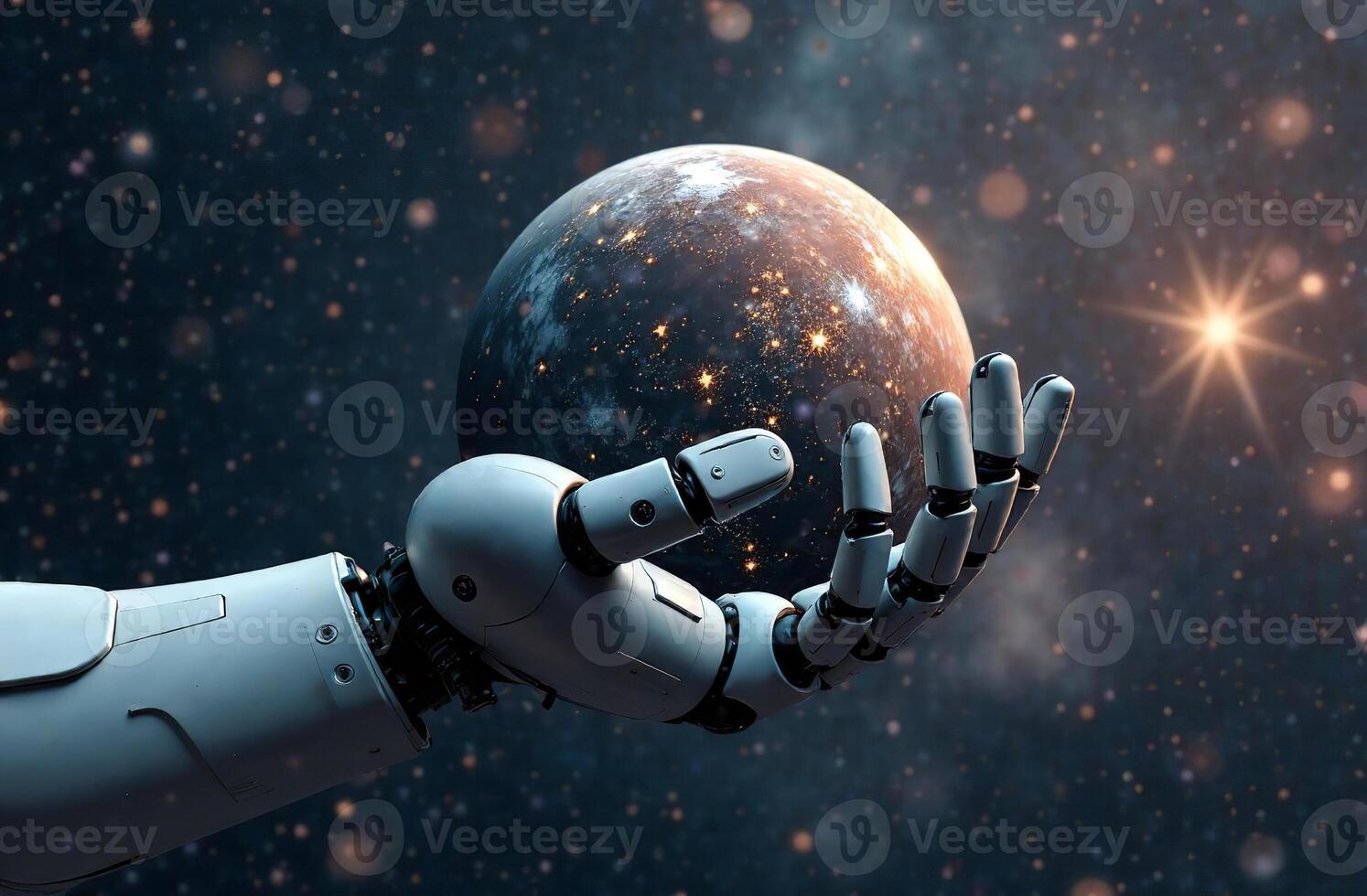 Robot astronaut space brainy, artificial intelligence hold planet hands photo