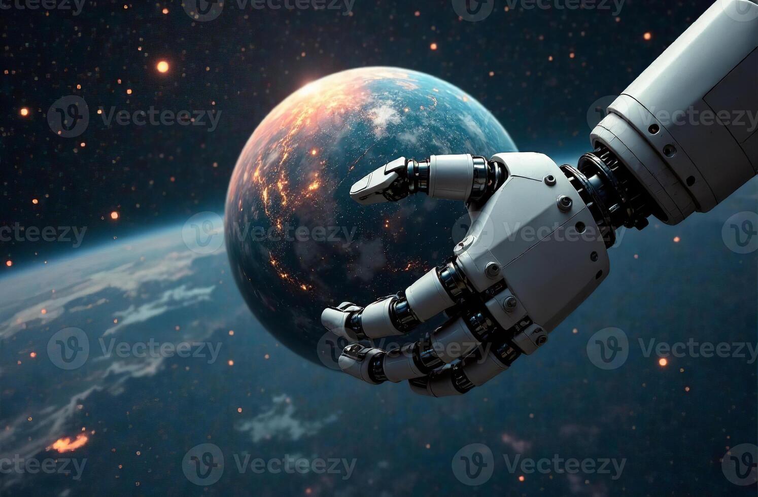 Robot astronaut brainy space, artificial intelligence hold planet hands photo