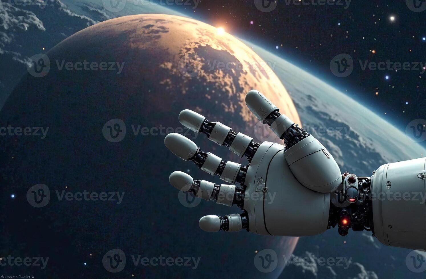 Robot brainy astronaut space, artificial intelligence hold planet hands photo