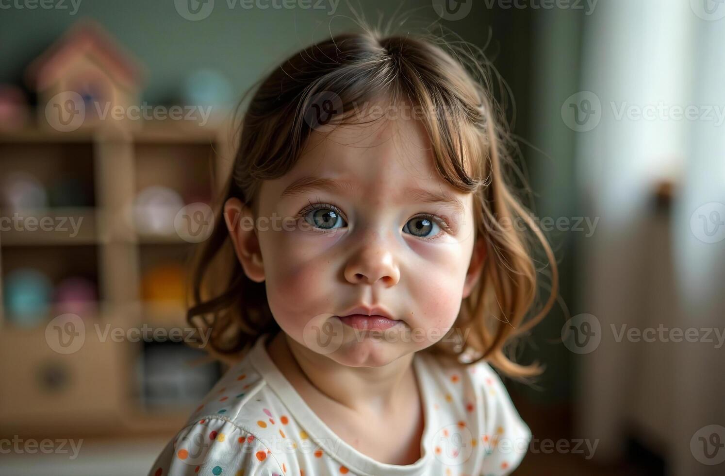 Portrait of classy little girl in children room, happy childhood photo