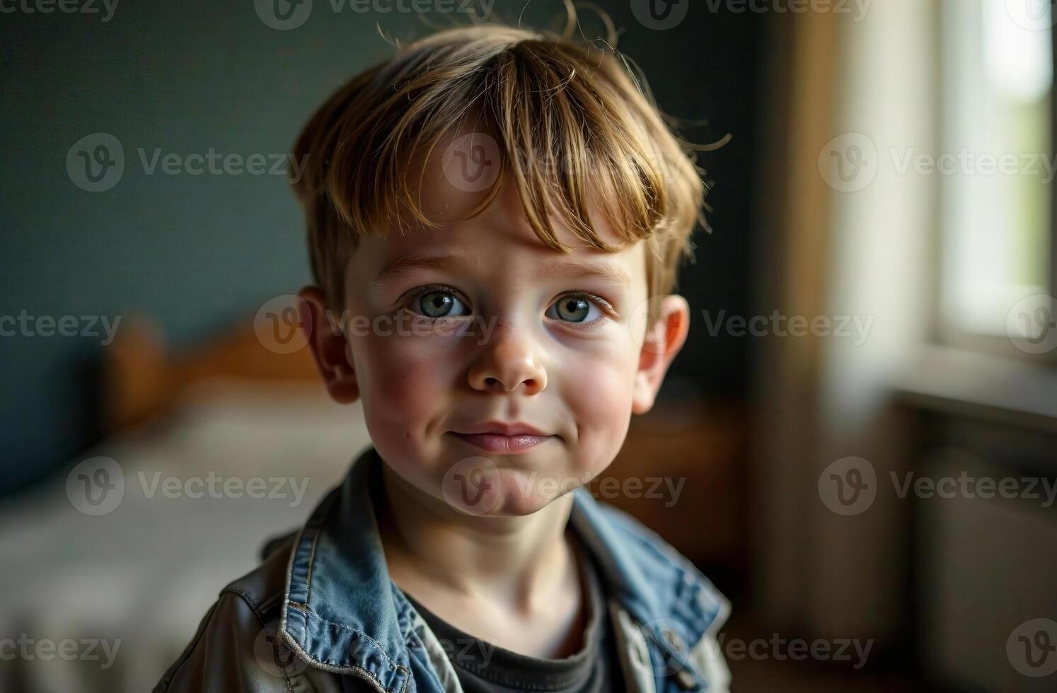 Portrait of little boy in children classy room, happy childhood photo
