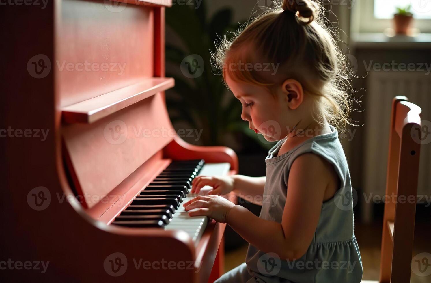 Child classy playing toy piano, young musician play music in playroom photo