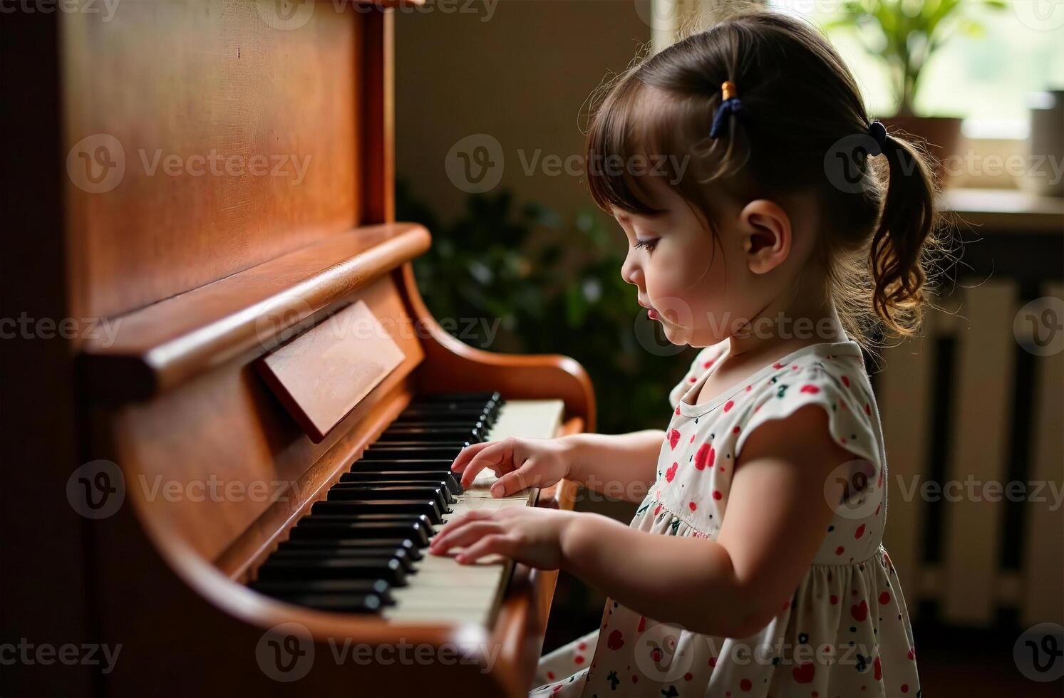 Child playing toy classy piano, young musician play music in playroom photo