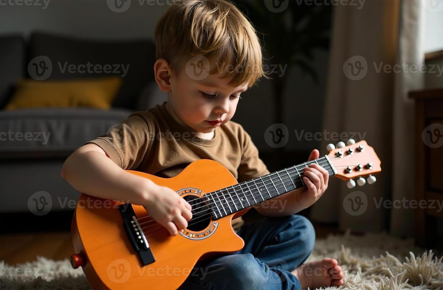 Child cool playing toy guitar, young musician play music in playroom photo