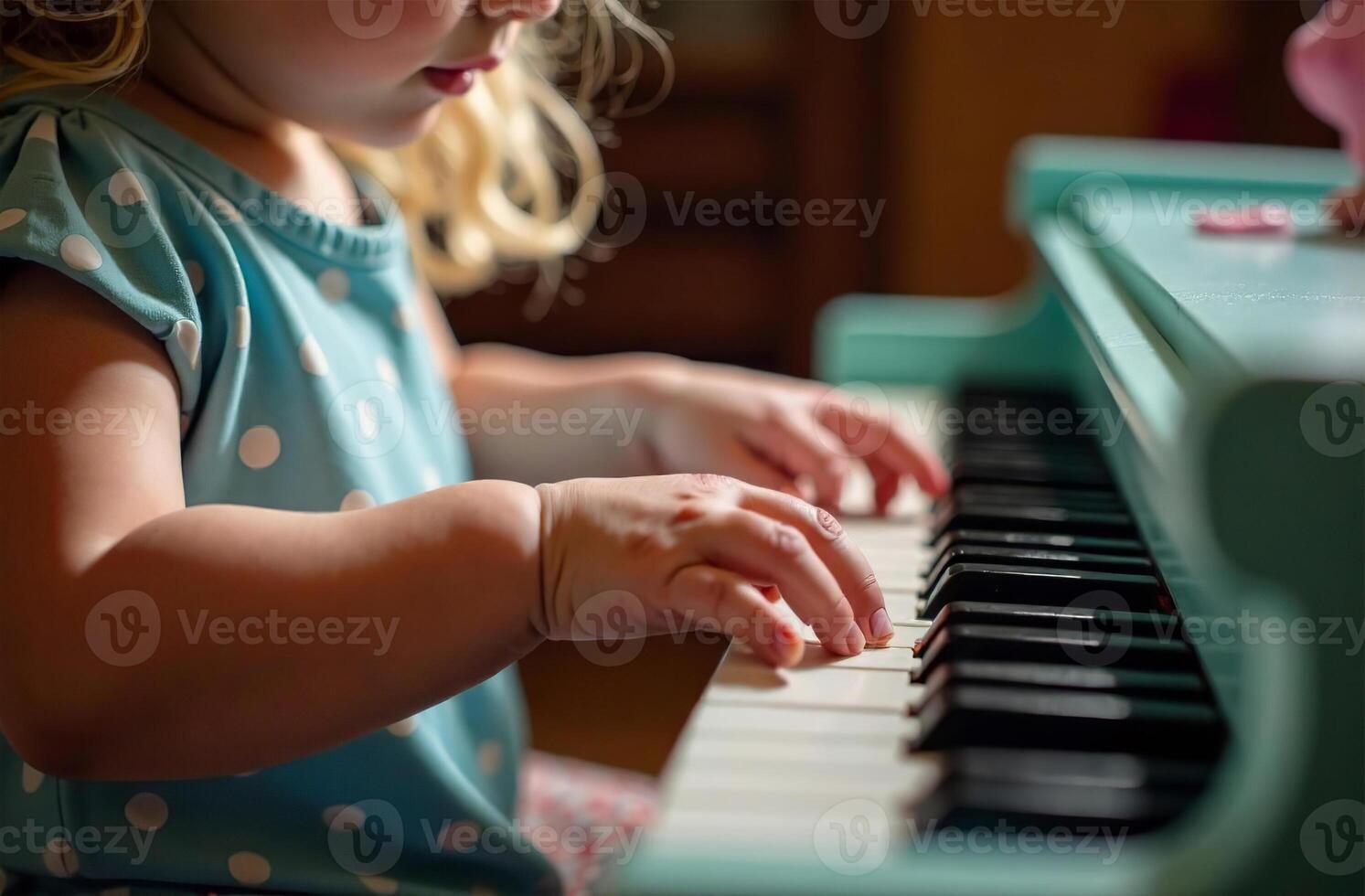 Child playing classy toy piano, young musician play music in playroom photo