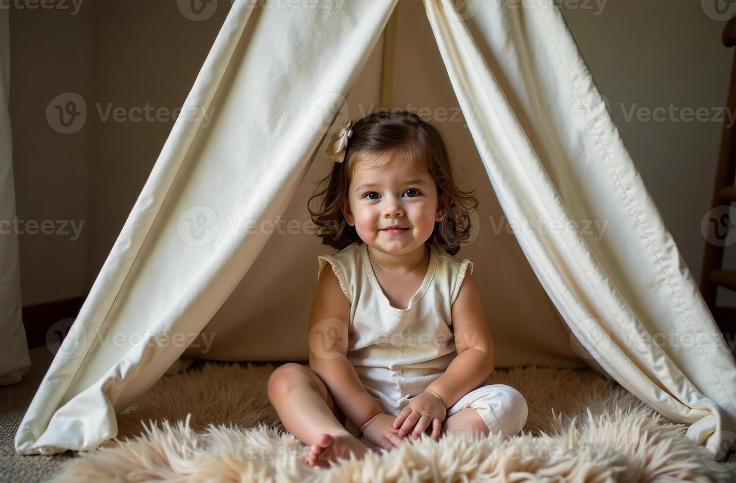 Child sitting cool in children wigwam on white carpet in playroom photo