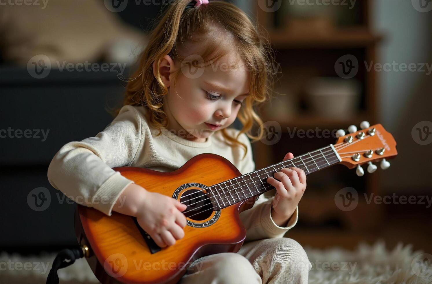 Child playing toy guitar, young musician cool play music in playroom photo