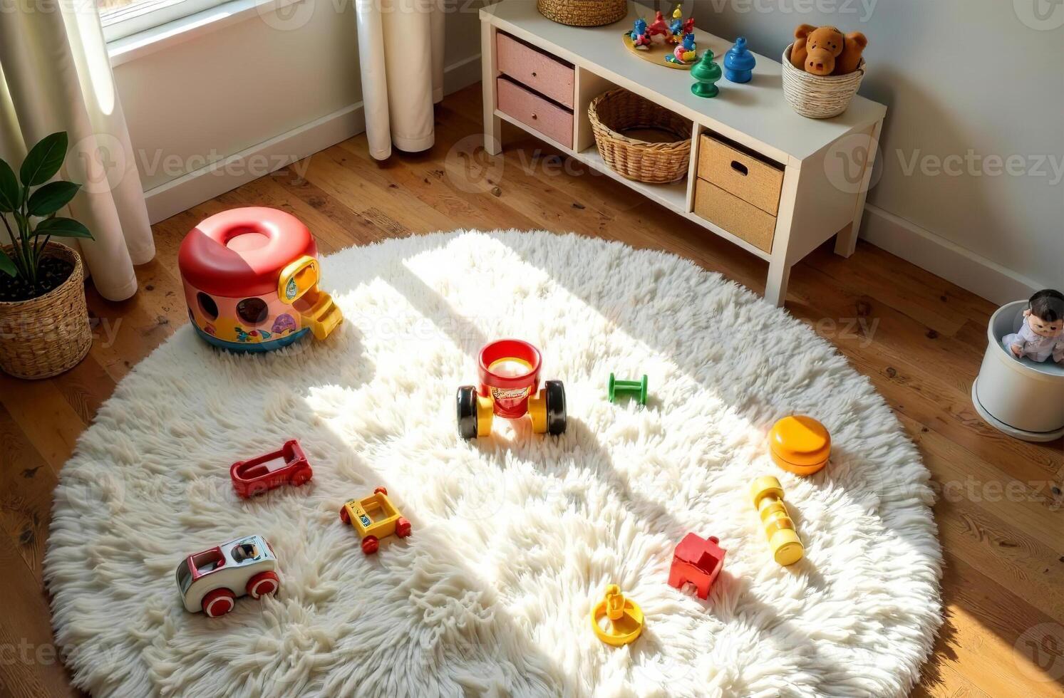 Children playroom cool, colorful toys lying on white carpet in bedroom photo