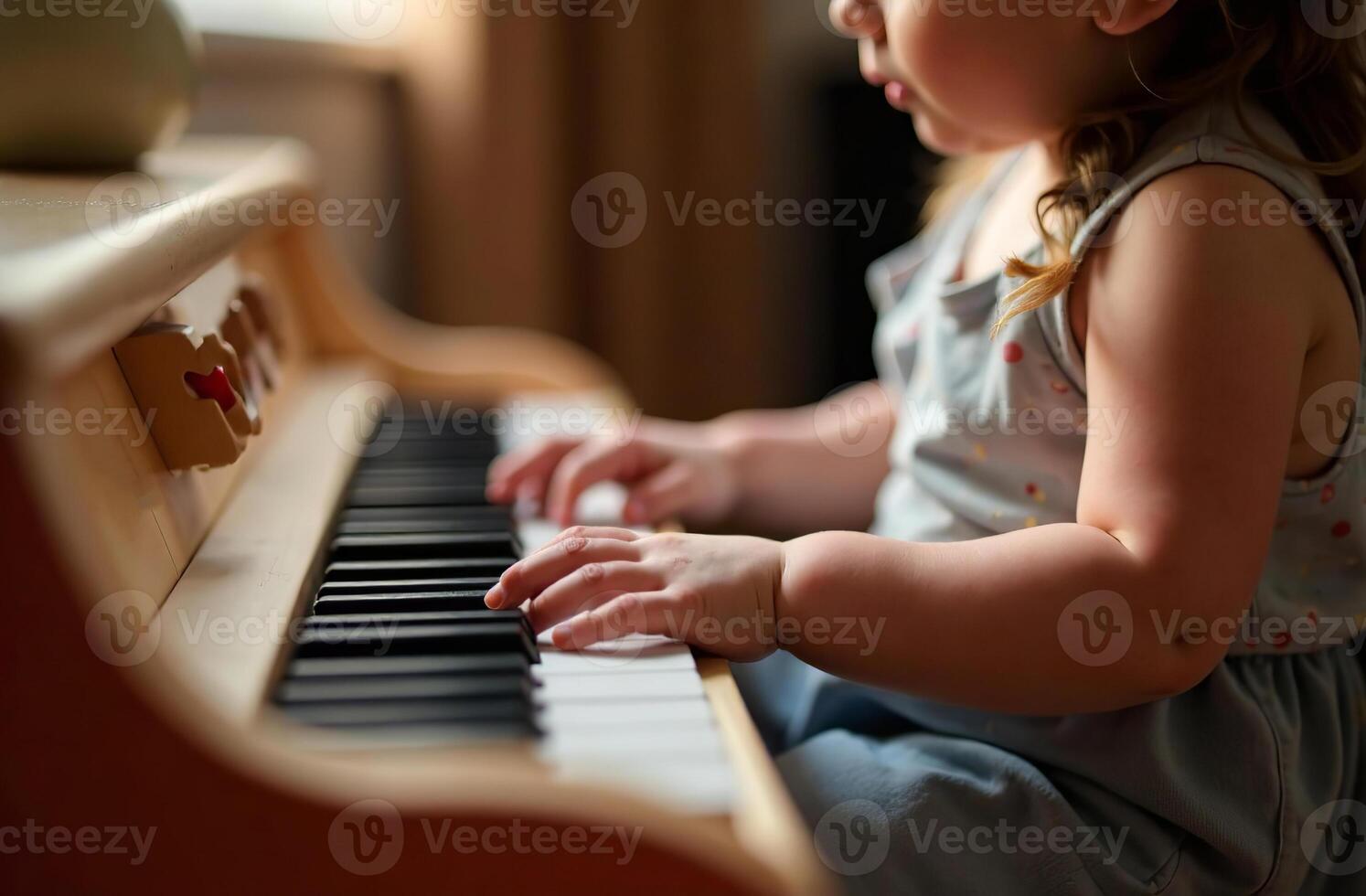 Child playing toy piano, young musician play music in playroom photo