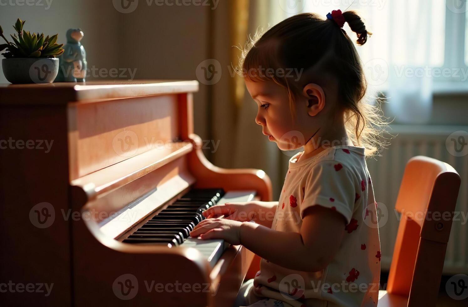Child cool playing toy piano, young musician play music in playroom photo