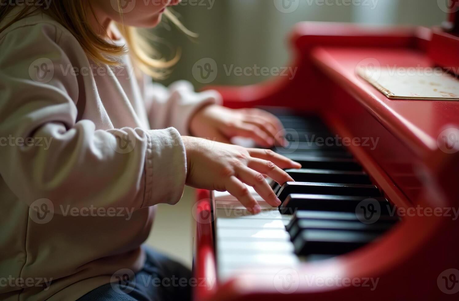 Child playing toy piano cool, young musician play music in playroom photo