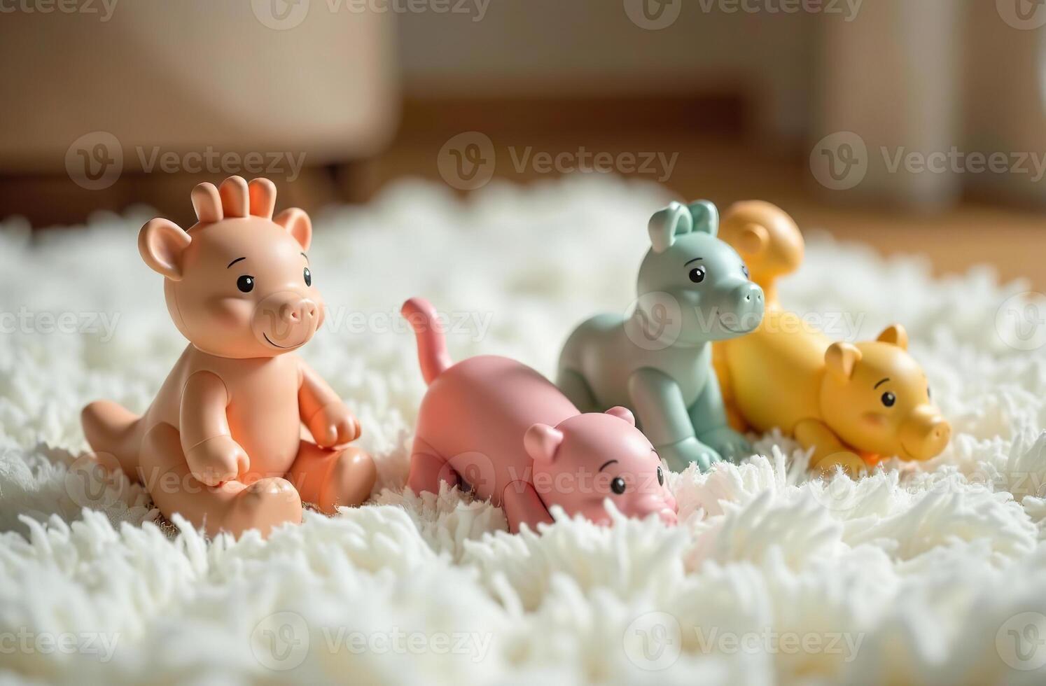 Children playroom cool, colorful toys lying on white carpet in bedroom photo