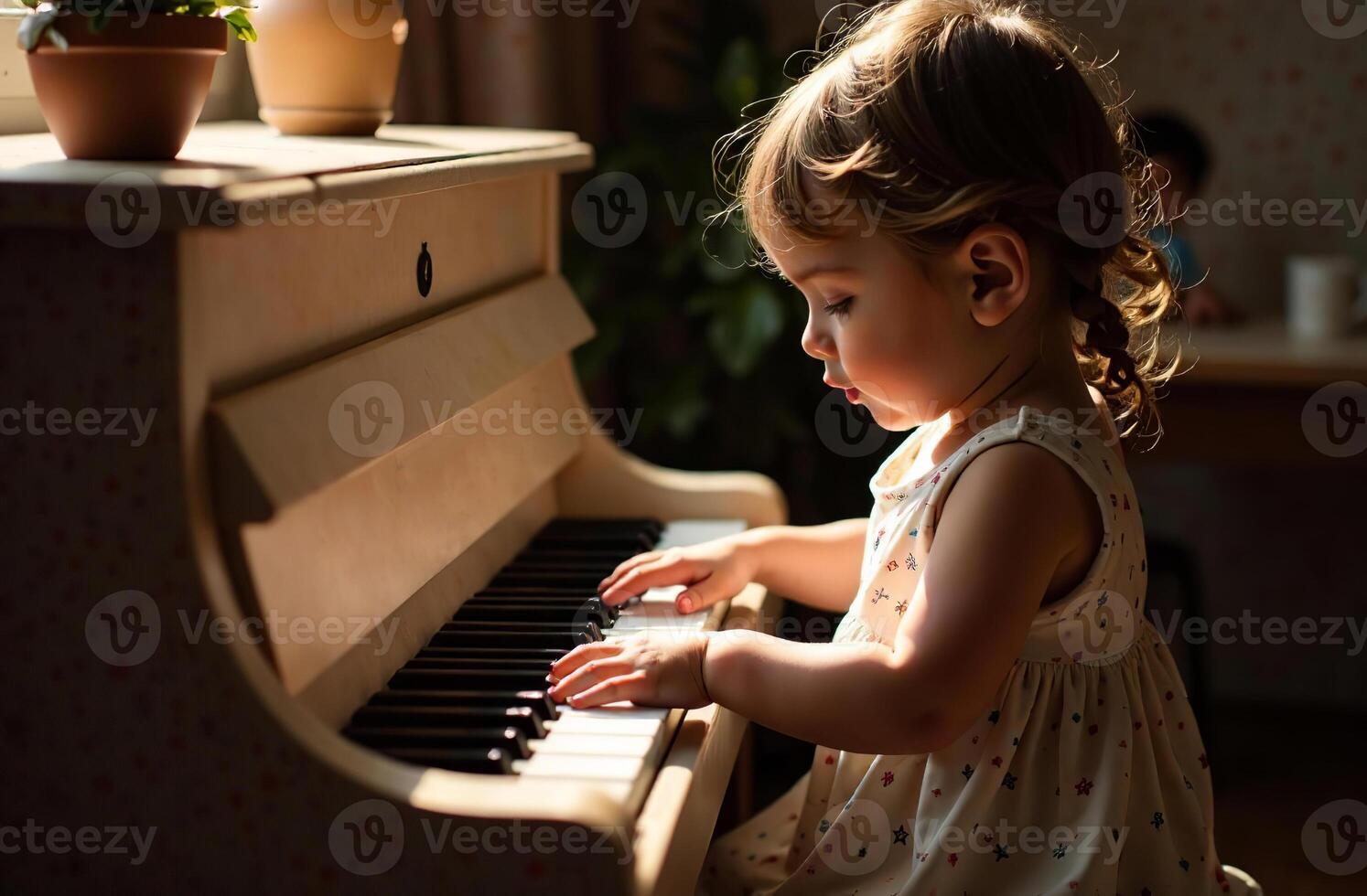 Child playing toy piano, young cool musician play music in playroom photo