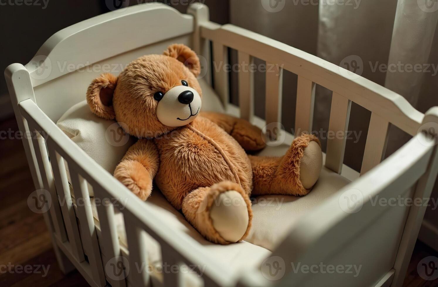 Teddy bear lying in crib, stuffed toy in cool children bedroom photo