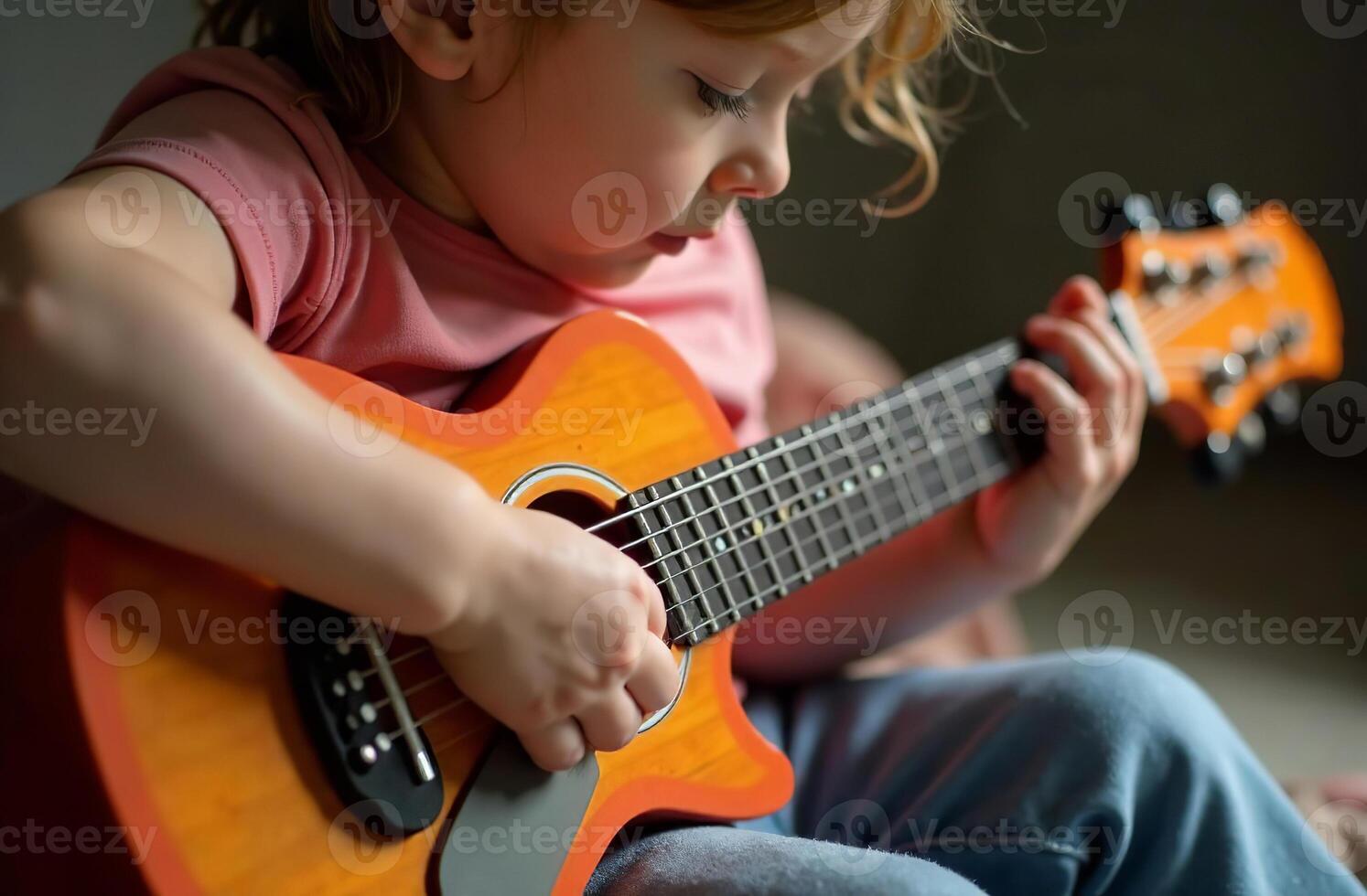 Child playing cool toy guitar, young musician play music in playroom photo