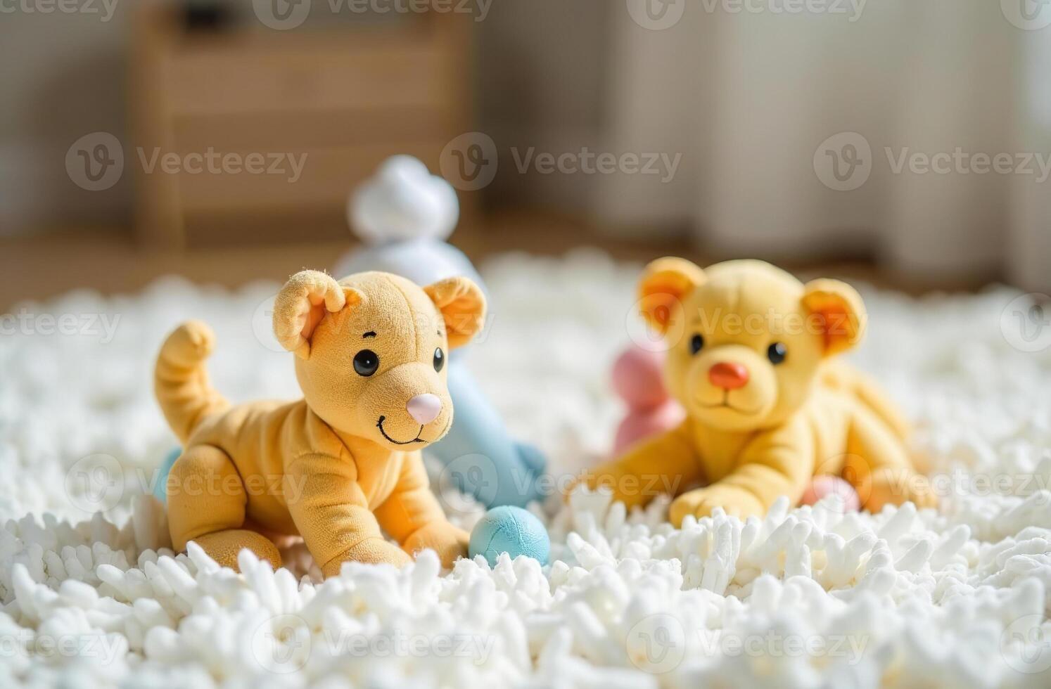 Children interesting playroom, colorful toys lying on white carpet in bedroom photo