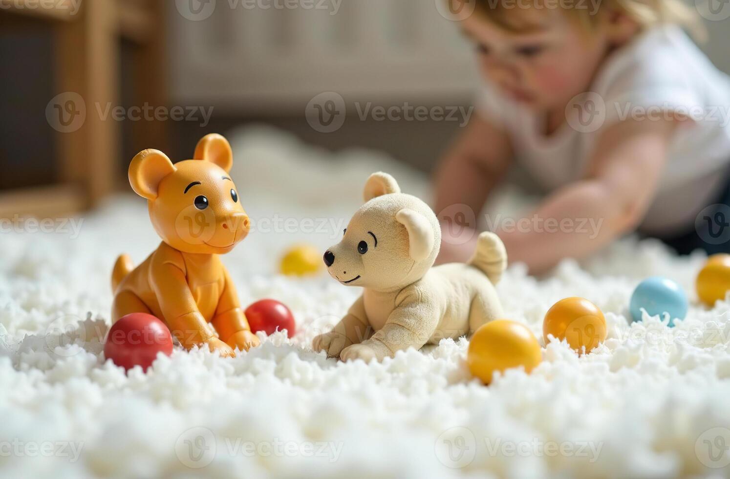 Children playroom, colorful toys lying on white carpet in bedroom photo