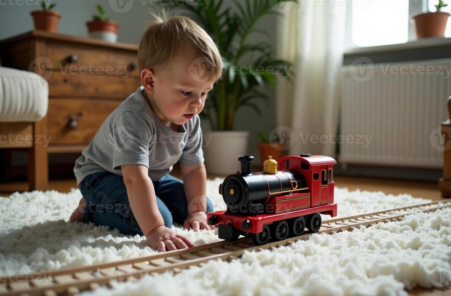 Toy train on white carpet in playroom, child play with railroad interesting photo