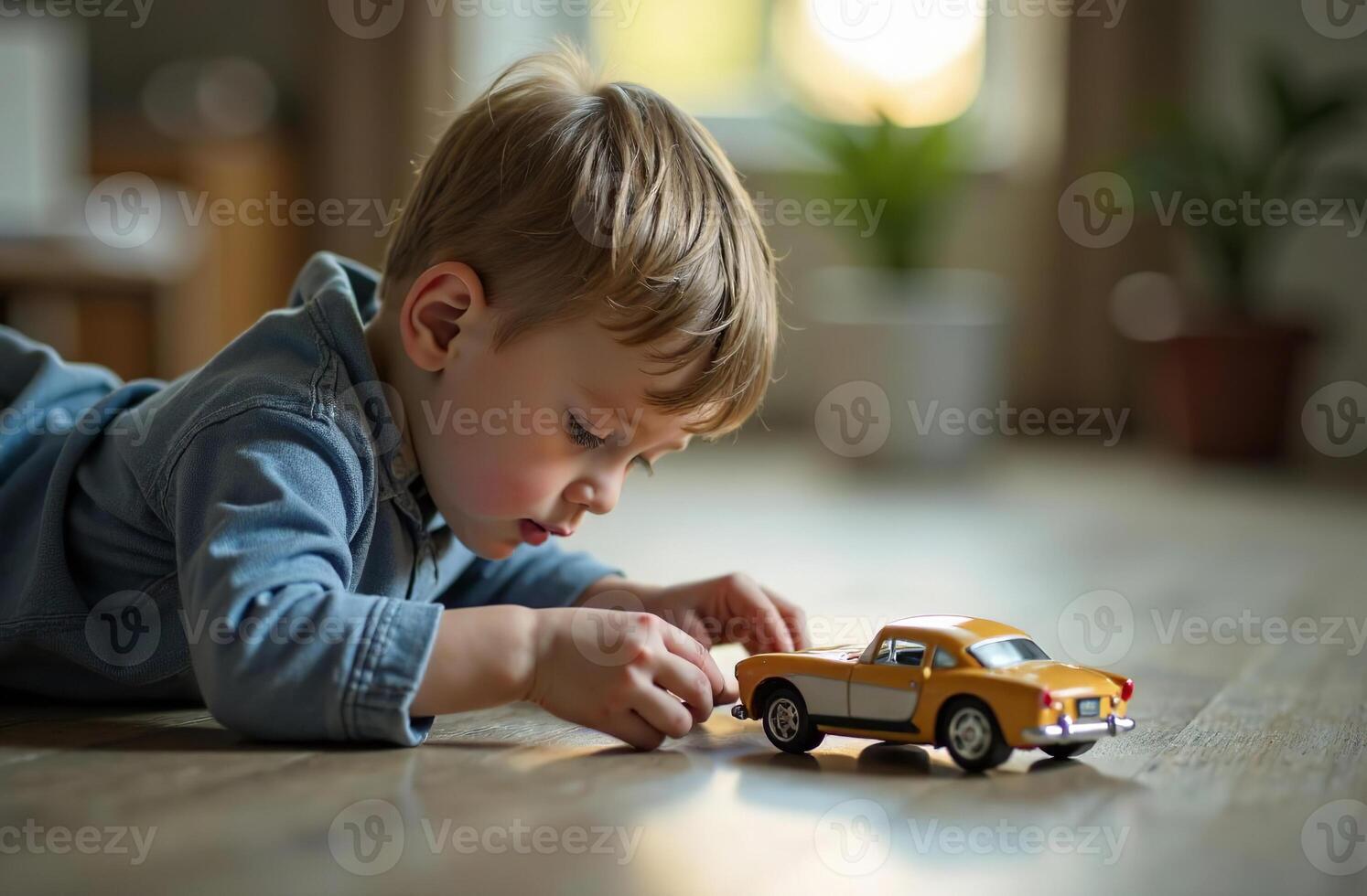 Child playing with toy model car, children colored toys photo