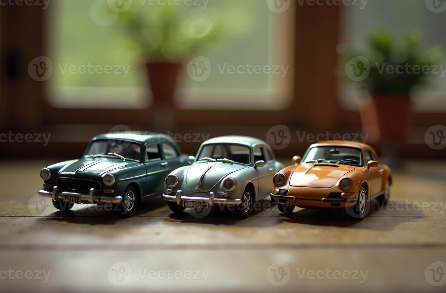Toy colored models of cars stand on wooden table in playroom photo