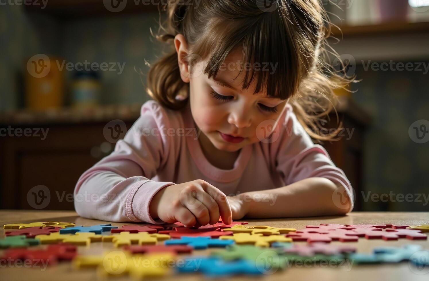 Child assembling puzzle in interesting playroom, toy colorful mosaic photo