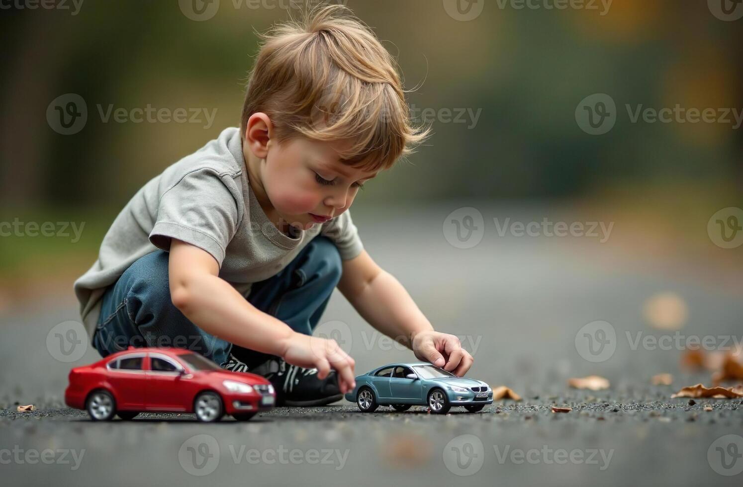 Child play with toy model car, children colored toys photo