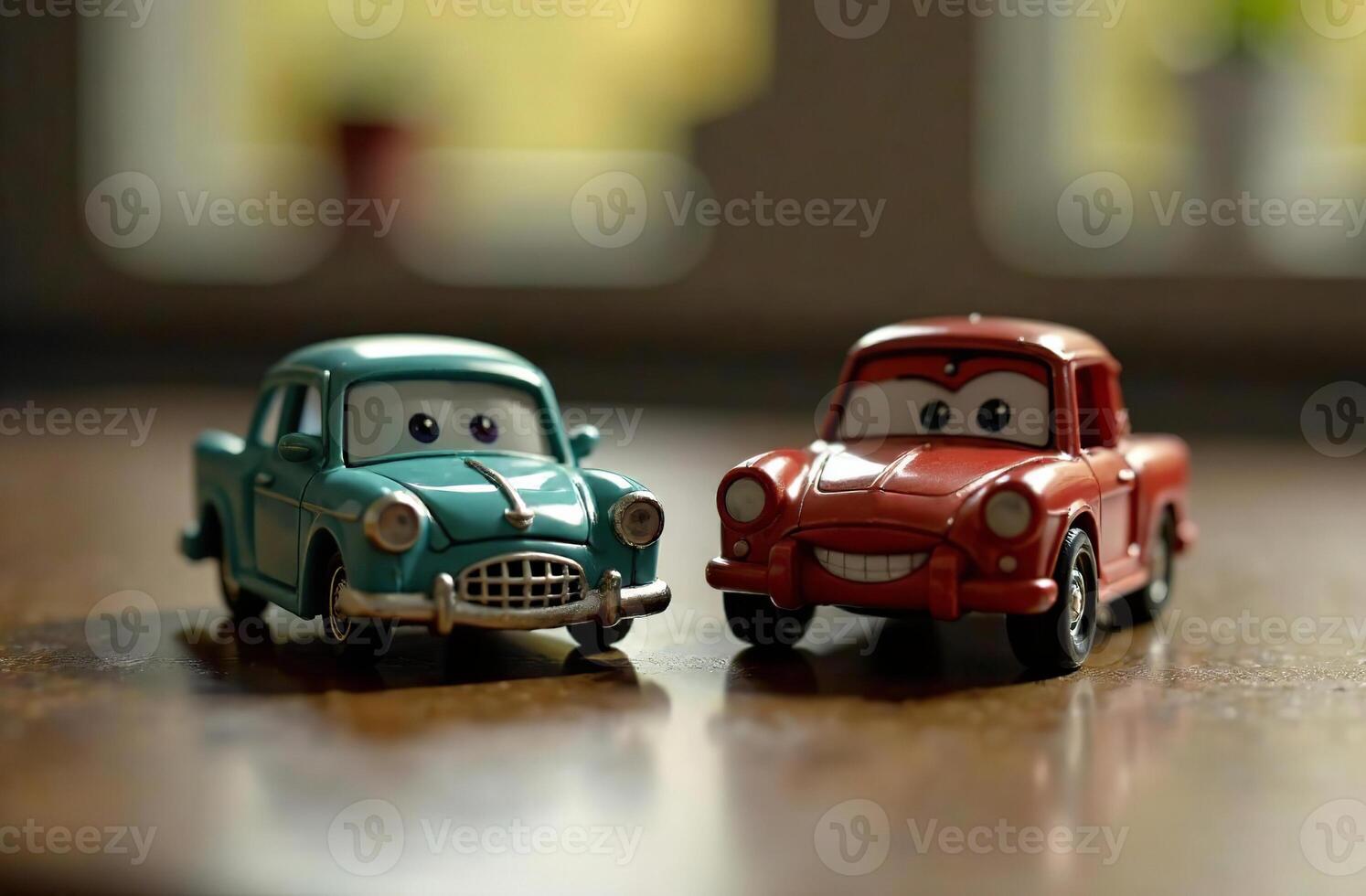 Toy colored models of car stand on wooden table in playroom photo