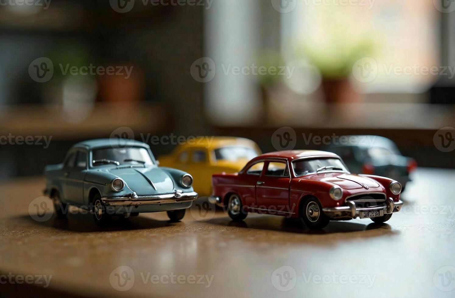 Toy colored models of cars stand wooden table in playroom photo